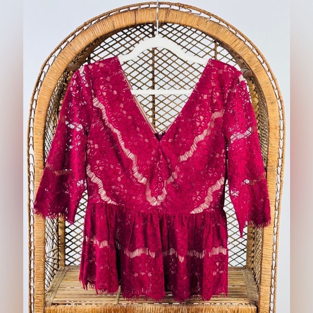 Maeve Anthropologie Katharine Needle Lace Peplum Top Burgundy Size Small - Picture 2 of 4